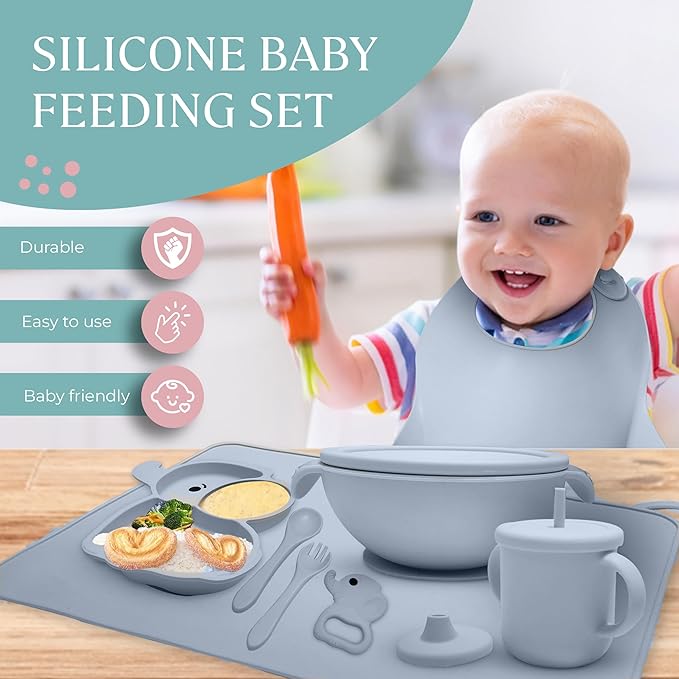 SiliAnimal Elephant-Themed Silicone Baby Feeding Set - Includes Suction Mat, Bibs, Spoons, and Bowls - Perfect for Baby-Led Weaning
