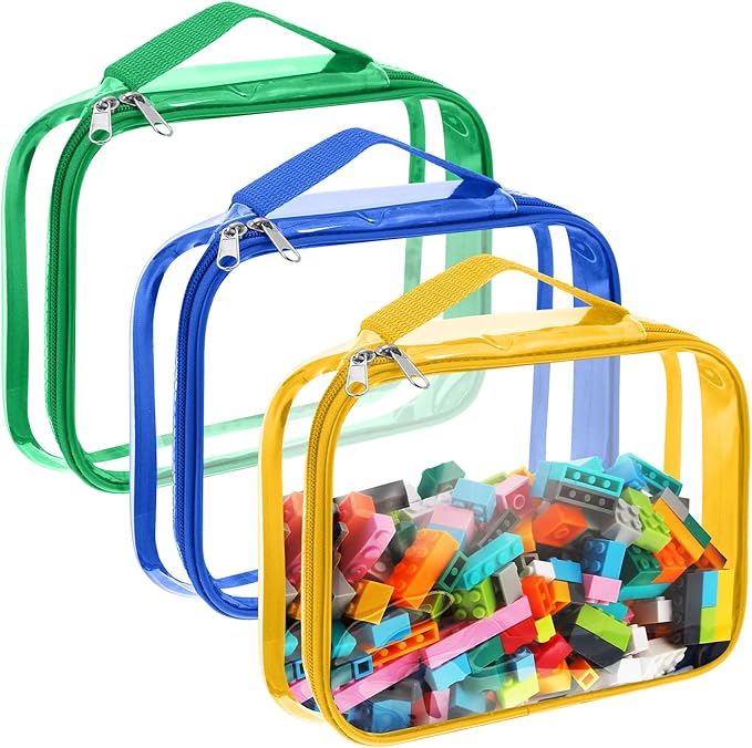 Sanwuta 3 Packs Toy Storage Bags with Zipper, Clear PVC Organizing Waterproof Toy Bags for Board Games, Building Blocks, and Kids Books(12.6 x 9 x 2.36 Inch,Blue, Yellow, Green)