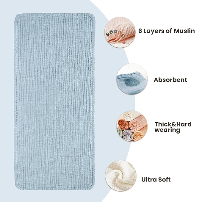 Konssy Muslin Baby Burp Cloths 6 Pack, Soft Absorbent 100% Cotton Burping Clothes for Newborns, Baby Boys and Girls, Unisex