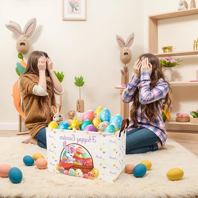 ASKETAM Easter Basket for Kid Large Empty Baby Rectangular Cute Easter Gift Storage Basket Bunny Eggs Décor (Rabbit Purple Bow Tie)