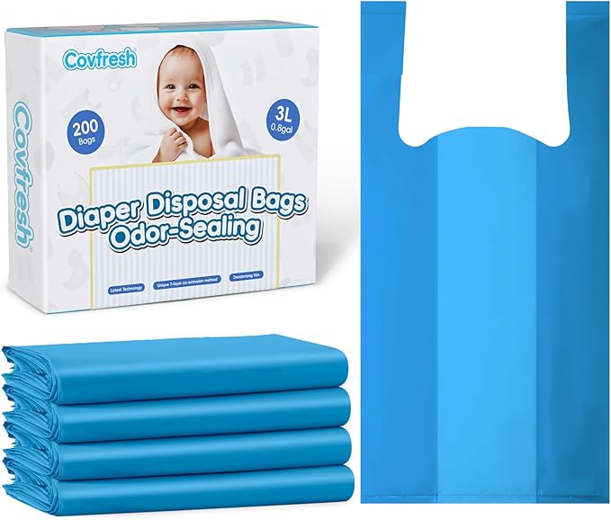 Odor Sealing Diaper Disposable Bags with Tie Handle, 200 count | Large Capacity, Unscented & Durable Diaper Trash Bags for Home & Baby Travel Use (Color:Blue)