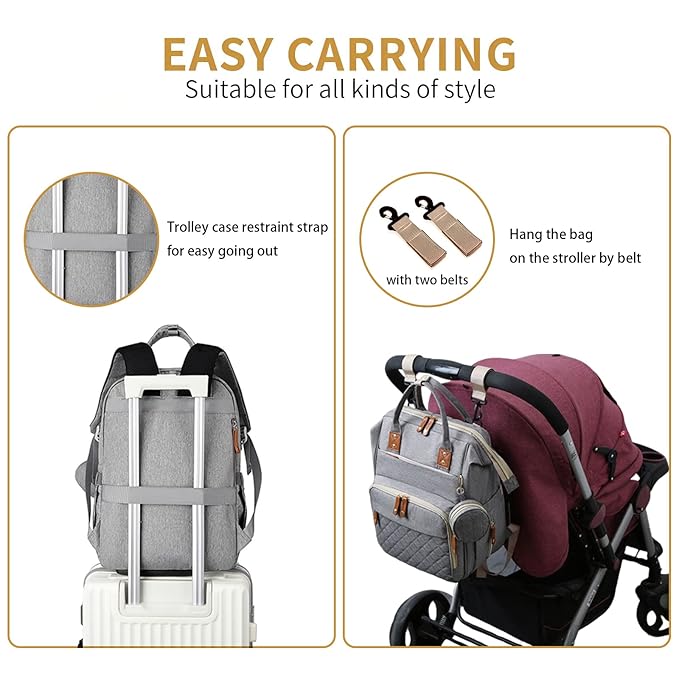 GurZinn Baby Diaper Bag Backpack with Changing Station Travel Waterproof 3 in 1 Foldable Pad Unisex Grey