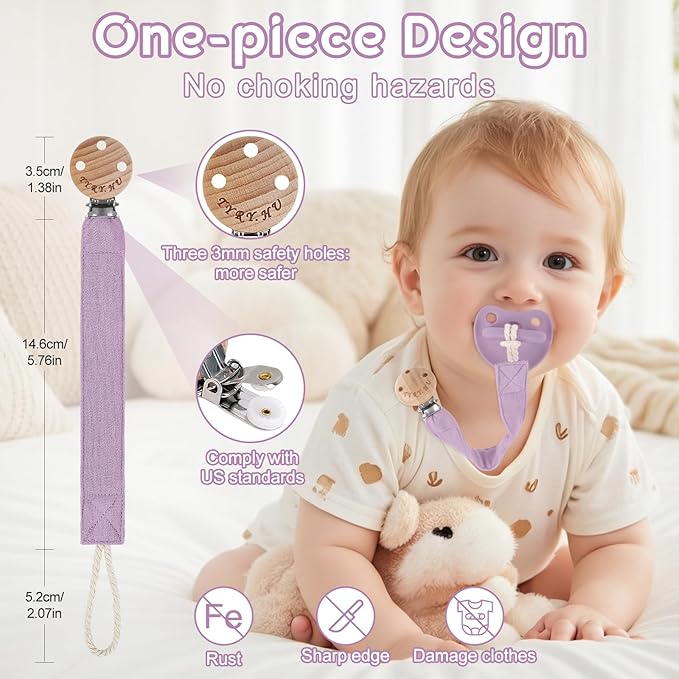 TYRY.HU Ribbon Baby Pacifier Clip Holder, 2 Pack Binky Paci Holder Clips, Pacifier Leash, Universal Binky Leash, Creamy White & Purple