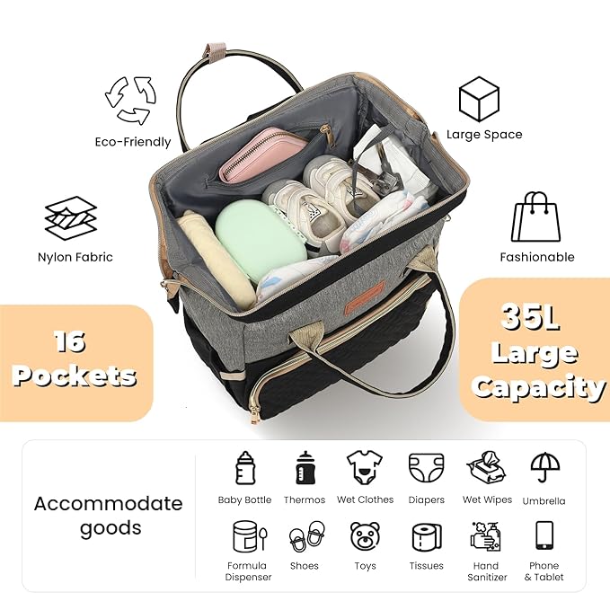 ROSEGIN Diaper Bag Backpack with Changing Pad, Pacifier Case, Baby Bag for Boy Girl Toddler - Large, Stylish, Waterproof Travel Quilted Diaper Bag for Mom - Baby Shower - Black Grey
