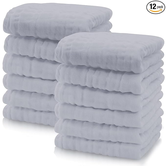 Cute Castle 12 Pack Muslin Baby Washcloths - Large 12'' by 12'' - Ultra Soft 100% Cotton - Super Absorbent Burp Cloths for Unisex, Boy, Girl -Slate