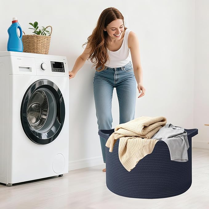 Large Storage Basket with Handle,19.7" L x 19.7" W x 13" H Blanket Basket Storage Bins for Organizing,65L Cotton Rope Woven Baskets for Living Room, Nursery,Bedroom,Dark Blue