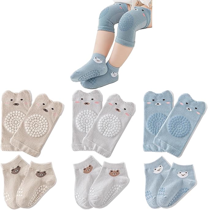 TFTSR Baby Knee Pads for Crawling (3 Pairs) and Baby Socks for Walking (3 Pairs), Walking Protector for Toddler Kid Girls Boy