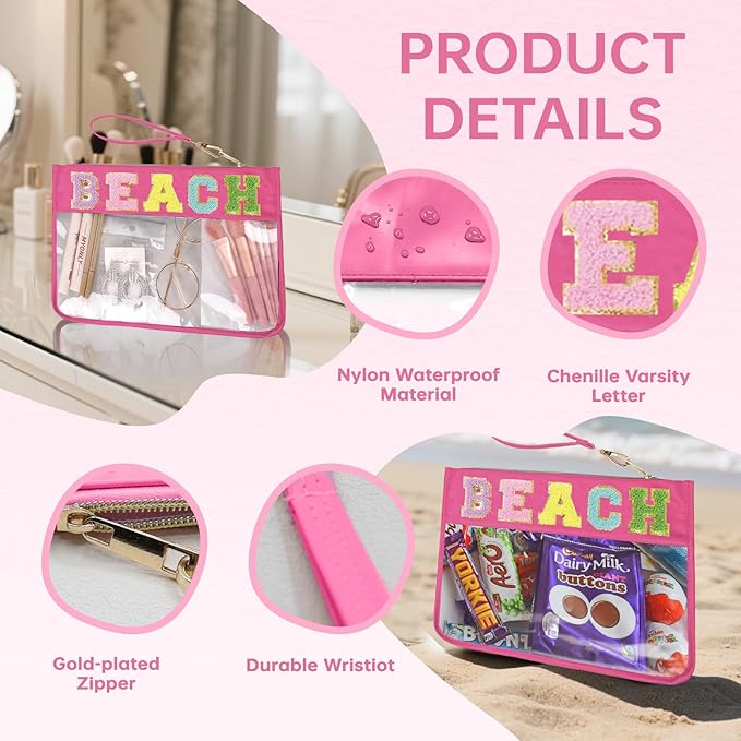 Beach Bag,Sunscreen Bag, Chenille Letter Clear Zipper Pouch for Travel Preppy Patch Makeup Bag-Nylon Cosmetic Preppy Makeup Waterproof Organizer Bags Set for Women Valentines Bags (MH-BEACH)
