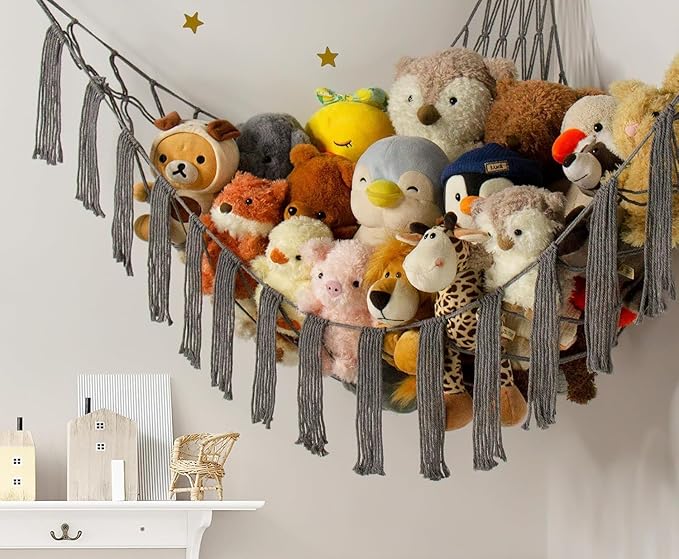 Stuffed Animal Storage Hammock Corner X-Large with LED Light - Baby Hammock Hanging Holder Plushies Net for Stuff Animals Organizer - Cute Room Decor Aesthetic Kids Toddler Nursery Bedroom