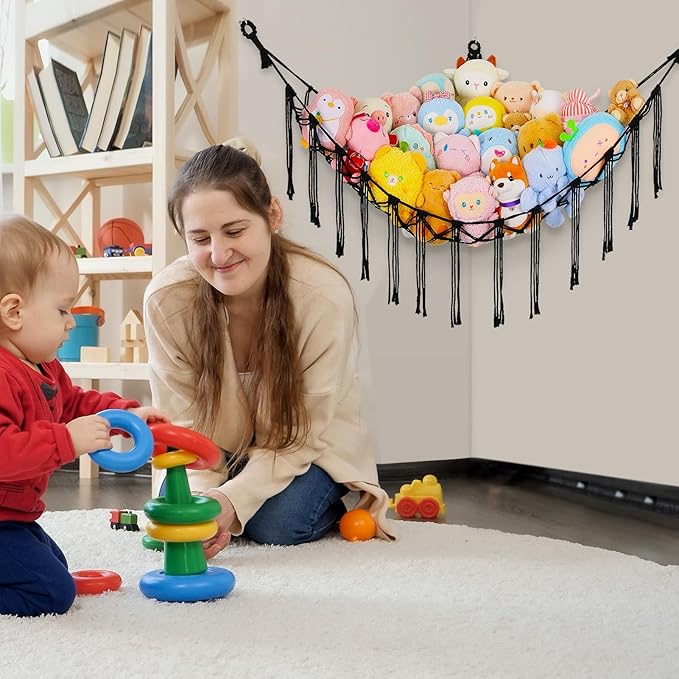 Basumee Stuffed Animals Net or Hammock with LED Light, Hanging Stuffed Animals Storage Toy Hammock Net Corner Wall Girls Room Decor Toy Storage Organizer, Black, L