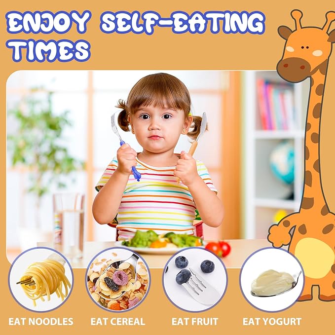lohodo Toddler Utensils Kids Spoon and Fork Set 18/8 Stainless Steel Silverware BPA Free Blue & Yellow Cute Giraffe Child Flatware with Travel Case for Age 3+