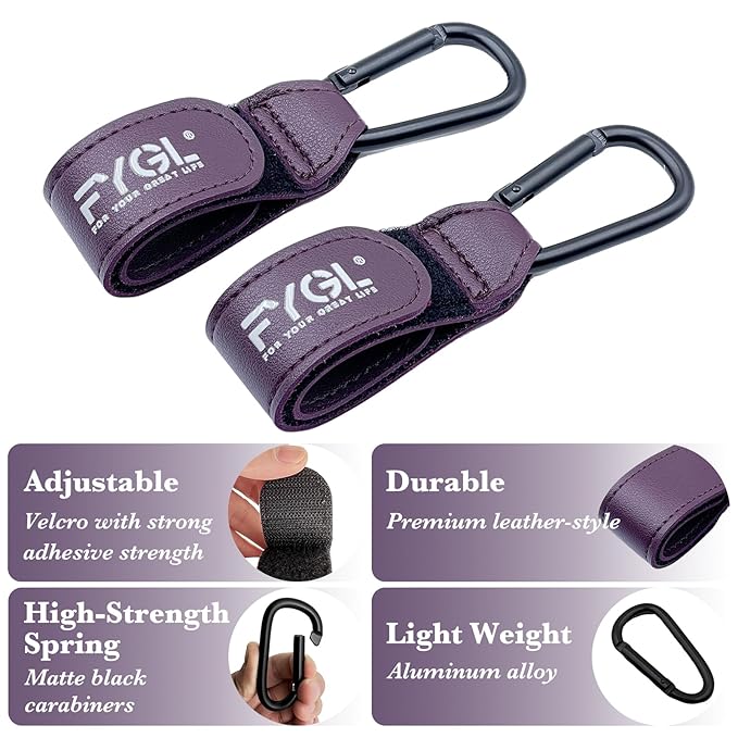 Stroller Hooks - Leather Buggy Clips, Pushchair Carabiner Clip for Bags, Easy Attachment for Pram, Universal Stroller Clips and Hooks, Stroller Accessories - Dark Red (2 Pack)