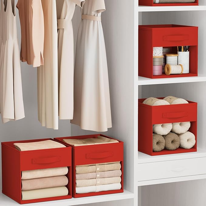 DIMJ Cube Bins, 12.2-Inch Storage Bins Cubes with Window, 6 Packs Collapsible Storage Bins with Handles, Closet Storage Baskets for Organizing Living Room, Office,8 Pack,Red