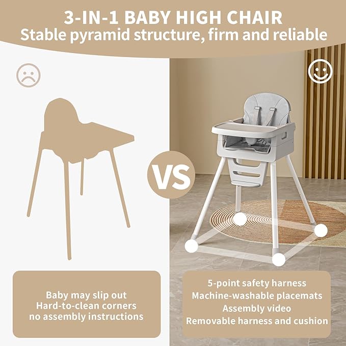 Portable 3 in 1 High Chairs for Babies and Toddlers, Convertible Baby Feeding Chair with Tray, Easy Clean Baby High Chair for Toddler with Foot Rest, Infant Highchairs & Booster Seats with Cush Grey
