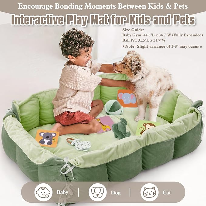 5-in-1 Plush Baby Play Gym, Baby Play Mats, Convertible Baby Gym, Tummy time mat, 6 Sensory Toys, Activity Center, Ball Pit, Green
