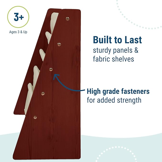 Wildkin Wooden Sling Bookshelf for Kids – Premium Canvas Design with 4 Fabric Shelves, Organizer for Home or Classroom - Cherry w/Tan