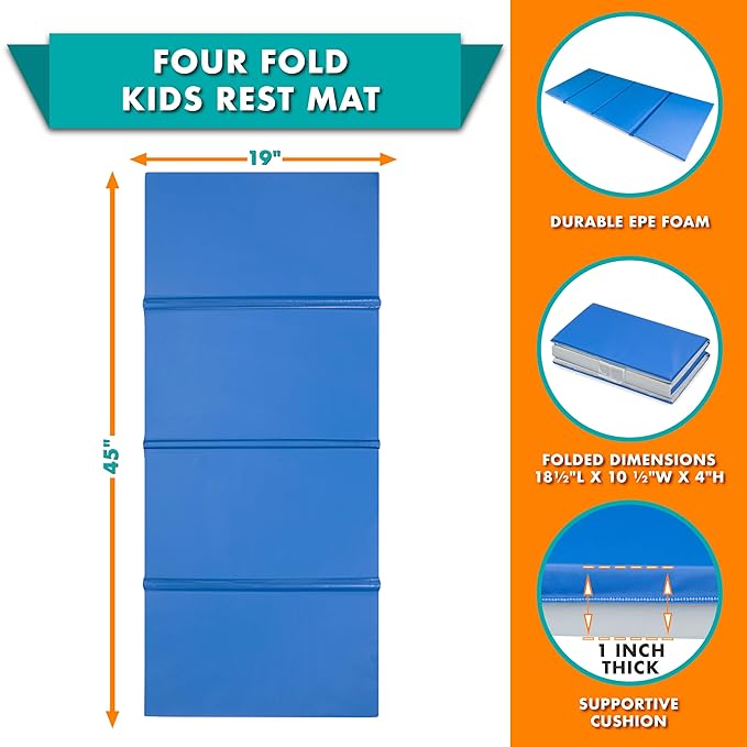 ProSource Four-Fold Kids Rest Mat, 1-inch Thick Sleeping Mats for Kids, Foam Foldable Cushion for Child Comfort, 45-in - Blue/Grey