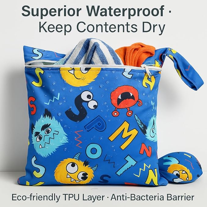 FANALALA Waterproof Wet Dry Bag, Reusable Diaper Pouch with Zipper, Machine Washable Travel Organizer for Beach, Daycare, Kids, Dinosaur Pattern (Blue Monster)