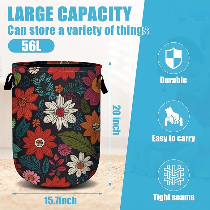 Colorful Flowers Leaves Laundry Basket, Laundry Hamper Collapsible Oxford Cloth with Handle Clothes Toy Storage Bin for Bathroom Laundry Room Bedroom 15.7 X 20 Inch