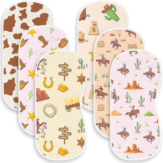 Spriggenix 6 Pack Western Burp Cloths Baby Boys Girls with Cowboy Pattern, Large Cotton Wild West Burp Rags for Newborns Gifts Nursery Decor Extra Soft and Absorbent 9.8X19.6inches