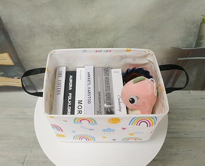 DUYIY Rectangle Gift Storage Basket Home Shelf Storage Basket Organizer Box Clothes Laundry Hamper Nursery Basket Laundry Basket with Handles (Rainbow)