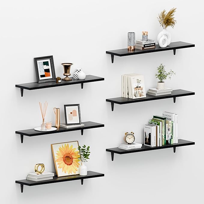 SKYSEN Floating Shelves for Wall Set of 6, 23.6in Wood Wall Shelf for Decor, Bathroom, Bedroom, Storage, Book,Kitchen, Living Room - Black(fs-60-b)