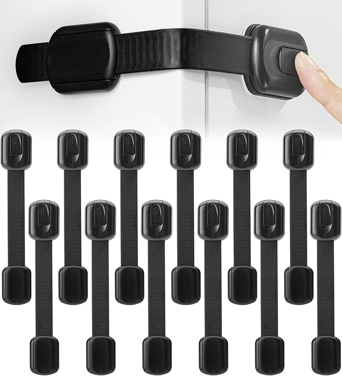 Bates- Child Safety Strap Locks, 12 Pack, Black, Baby Cabinet Locks with Adjustable Strap Length