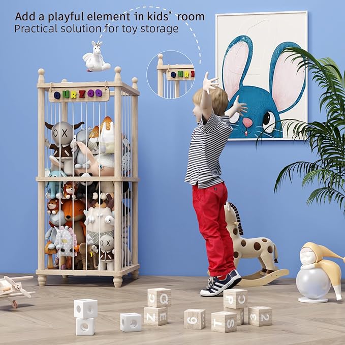 Stuffed Animal Storage Wood Toy Storage Organizer, Upgraded Design from Bean Bag Stuffed Animal Hammock Plushie Net, Large Toy Chest Stuffed animal holder for Kids Nursery Playroom Bedroom （L）
