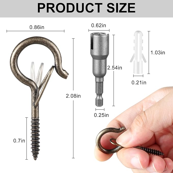 FSAH 96 PCS Q-Hanger Hooks, Screw Hooks for Outdoor String Lights, Safety Buckle Design Cup Eye Hook for Hanging Christmas Lights, Plants, Mounted on Wall Ceiling, Include 1 Wing Nut Driver, Copper