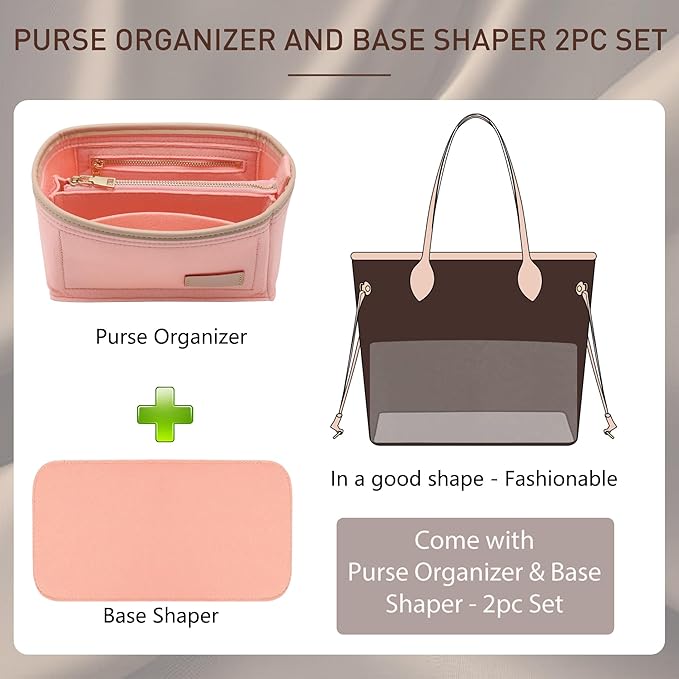 Doxo Purse Organizer Insert & Base Shaper 2pc Set, Felt Handbag Organizer Insert Suitable for Speedy 25 And More(Pink,Medium)