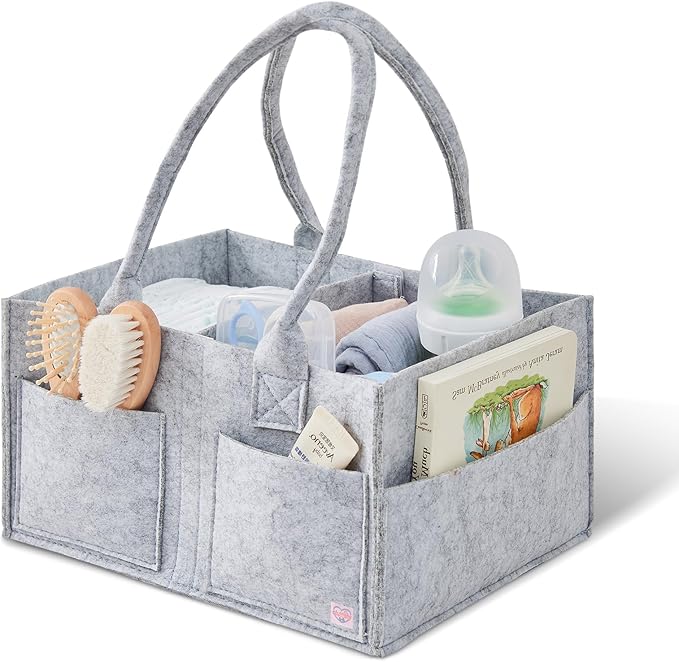 Upgraded Baby Diaper Caddy Organizer, Portable Nursery Storage Bin with Handle, Side Pockets Car Organizer for Diapers and Baby Wipes Essentials, Registry Gift Baskets (Small-Grey)