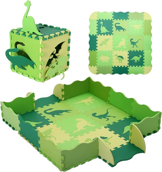 Tamiplay Foam Play Mat for Kids，25Pcs Square Interlocking Puzzle Floor Mat，Baby Play Mat Floor Mat Foam Puzzle Playmat for Toddlers with Fence - Green Dinosaurs