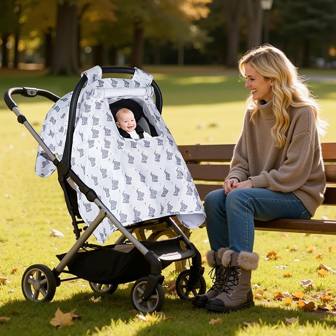 Car Seat Cover Baby, Carseat Covers Baby with 2 Layers Breathable Windows, Windproof Infant Car Seat Cover, Kick-Proof Baby Carrier Cover for Baby Boy Newborn Essentials