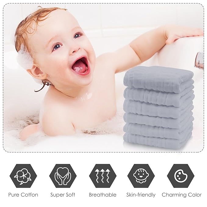 Cute Castle 12 Pack Muslin Baby Washcloths - Large 12'' by 12'' - Ultra Soft 100% Cotton - Super Absorbent Burp Cloths for Unisex, Boy, Girl -Slate