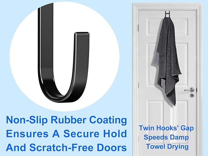Mars-Rock Over the Door Twin Metal Hooks with Plastic Coating 5.5" Fit 0.5" to 1 3/8" Door 2 Sets Heavy Duty Towel Robe Rack Wreath Bathroom Shower Hanger Shoe Organizer Ironing Board Short Black
