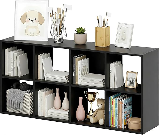 8-Cube Storage Organizer, Black Bookshelf with Open Compartments for Home Office, Modern Bookcase Display Shelf for Living Room, Bedroom & Entryway