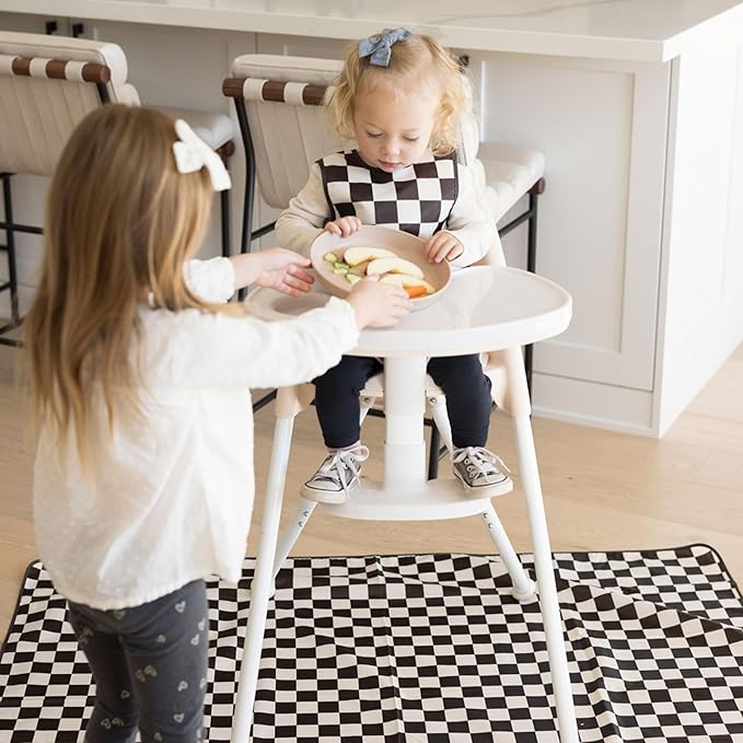 Tiny Twinkle Mess-Proof Splat Mats for Under high Chairs or Table Cover Art Projects for Baby and Toddler - Waterproof, Washable Floor or Table Splash mat 51" x 51" (Checkers Black)