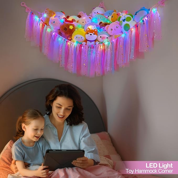 FIOBEE Stuffed Animals Net or Hammock with LED Light, Toy Hammock Hanging Stuffed Animals Storage Organizer Holder Room Décor for Nursery Kids Bedroom