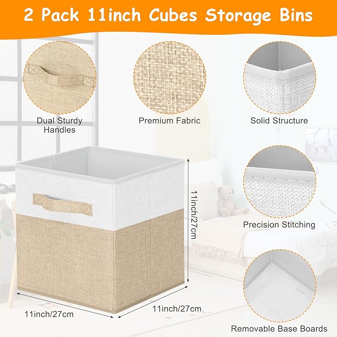 Fiwochic 3 Pack 23" Large Toy Storage Box with 11" Cubes Bins, Collapsible Toy Organizer Chest with Lids for Kids Nursery Playroom Bedroom Living Room Christmas Ornament Storage Box(Beige White)
