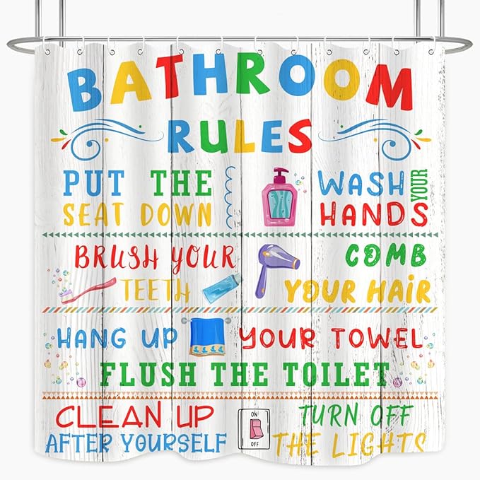 Kids Bathroom Rules Shower Curtain Cute Colorful Quotes Wood Planks Words Funny Teen Boy Girl Restroom Bathtub Decor Waterproof Cloth Fabric 72Lx72W inch with 12PCS Hooks
