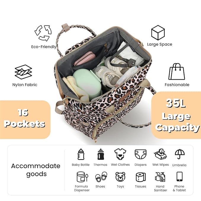 ROSEGIN Diaper Bag Backpack with Changing Pad, Pacifier Case, Baby Bag for Boy Girl Toddler - Large, Stylish, Waterproof Travel Quilted Diaper Bag for Mom - Baby Shower - Cheetah