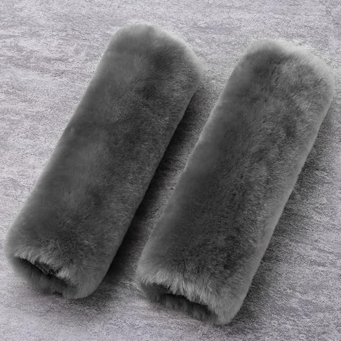 Genuine Sheepskin Soft Fuzzy Car Seat Belt Pad,2 Pack Fluffy Seat Belt Cover for Shoulder Pad Neck Cushion Protector Car Accessories (Graphite)
