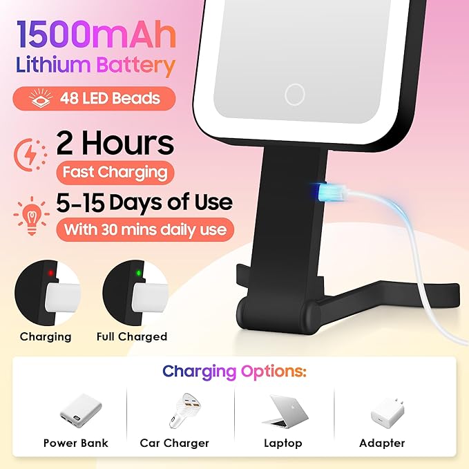 Magnifying Travel Mirror with Light, 30X/1X Double-Sided Magnifying Mirror with 3 Color Lights, Brightness Adjustable, Foldable Handheld Makeup Mirrors Portable for Travel and Desktop Use,B