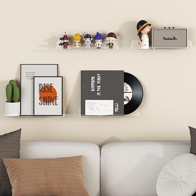 Lifewit Floating Shelves 6 Pack, 15" Acrylic Room Decor Shelves for Book/Figures/Photo/Makeup, Clear Wall Shelf for Bathroom, Living Room, Bedroom, Kitchen Storage and Organization 38 x 9 cm/15x4