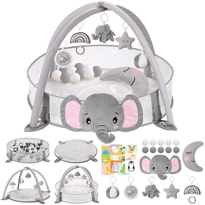 7-in-1 XL Large Baby Play Gym Mat, Tummy Time Mat, Baby Gym & Ball Pit, Baby Activity Mat with Milestone Cards & 6 Detachable Toys for Sensory Motor Skill, Elephant
