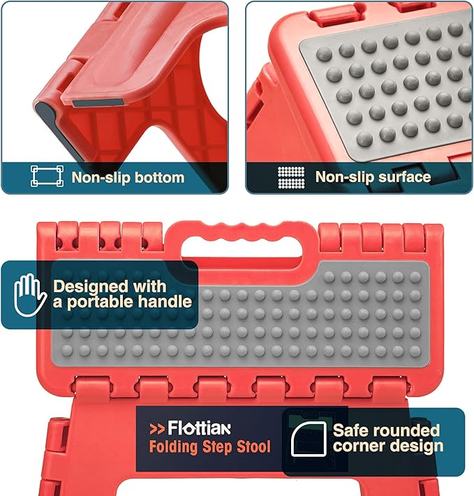 Flottian 13" Folding Step Stool for Adults and Kids Holds Up to 300 lbs,Non-Slip Folding Stools with Handle, Compact Plastic Foldable Step Stool for Bathroom,Bedroom, Kitchen Coral,1PC