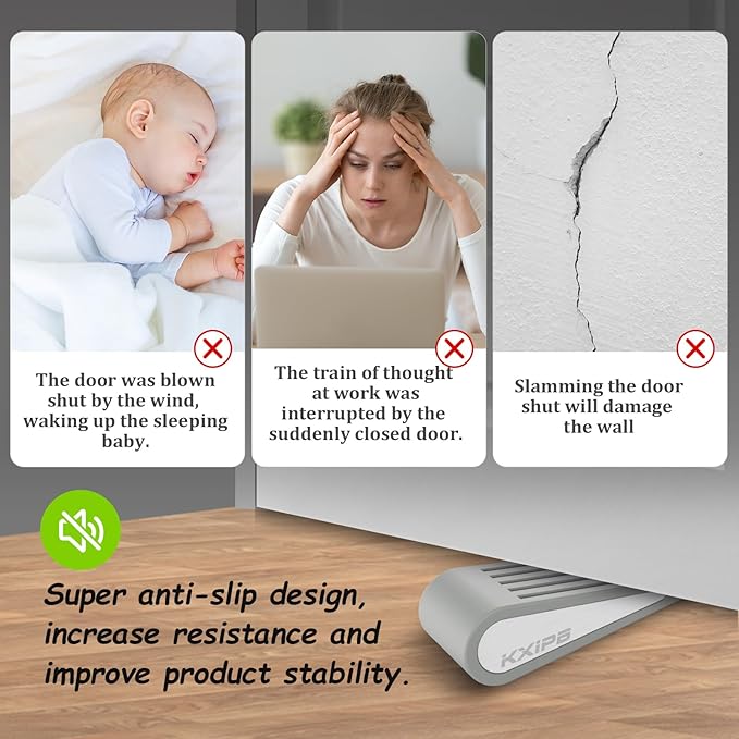 4 Pack Rubber Door Stopper Wedge - Grey Non-Slip Soft TPR High-Elastic & Zinc Alloy Metal Material Door Stops for Bottom of Heavy Duty Door Wall Protector for Home & School with Self Adhesive Holder