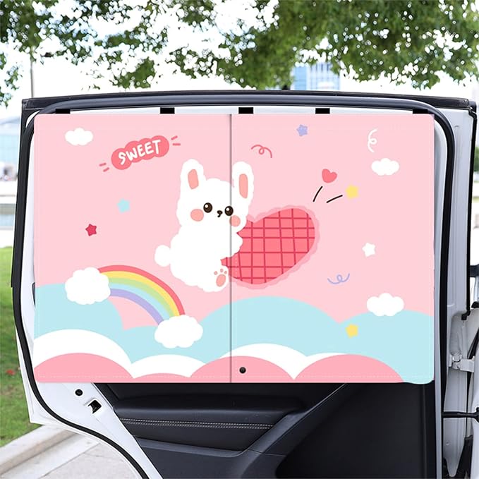 Car Sun Shade for Baby - EOHMAK Car Side Window Sun Shade Cover Upgrade Double Opening Car Interior Curtain Sun Blocker Blind (Pink Rabbit, 1 Pack)