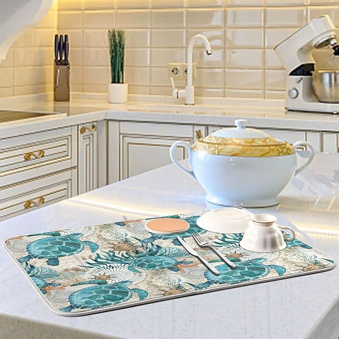 Absorbent Dish Drying Mat for Kitchen Counter - Sea Ocean Turtle Blue Microfiber Drying Pad, Reversible Drainer Mats for Countertop, Large 18" x 24"