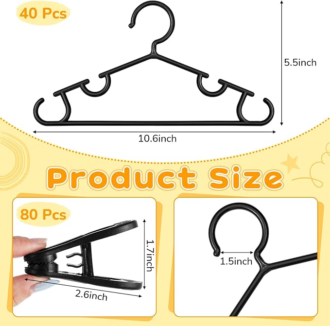 Hsei 5/10/40 Pack Baby Hangers with 10/20/80 Clips, Plastic Kids Pants Hangers for Nursery Closet Top and Bottom Clothes Hanger Set for Newborn Infant Toddler(60 Packs Total,Black,10.6 Inch)